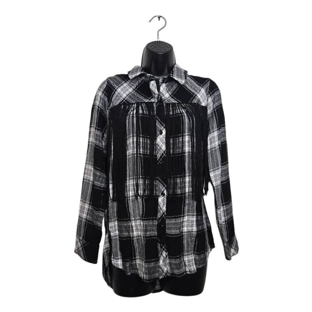 Rails Plaid Western Button Down Size Small Fringe Top Shirt Black White